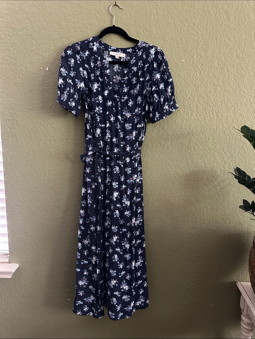 LOFT Navy Floral Maxi Dress with Self-Tie Waist